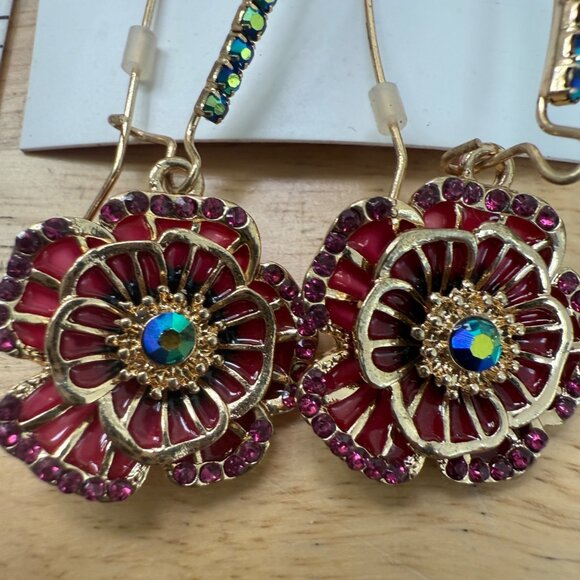 Betsey Johnson Pink & Gold Floral Drop Earrings Rhinestone, Garden Girl, Whimsy, - Picture 3 of 9